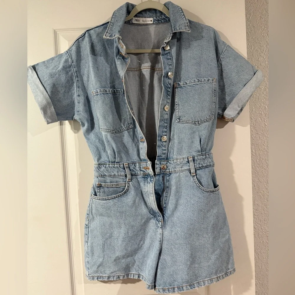 Zara Light Blue Denim Short-Sleeve Romper - Picture 2 of 2